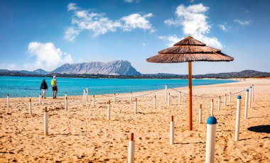 Arka planda Tavolara adası olan La Cinta plajının güneşli bahar manzarası. Turistler Akdeniz kıyısında yürürler. Sardunya Adası, İtalya ve Avrupa 'nın sabah manzarası. 