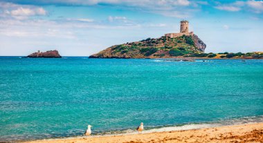 Torre del Coltellazzo o di Sant 'Efisio kulesinin parlak sabah manzarası. İtalya, Avrupa 'daki Sardunya Adası' nın çekici yaz manzarası. Akdeniz 'in güneşli deniz manzarası. Seyahat konsepti arka planı.