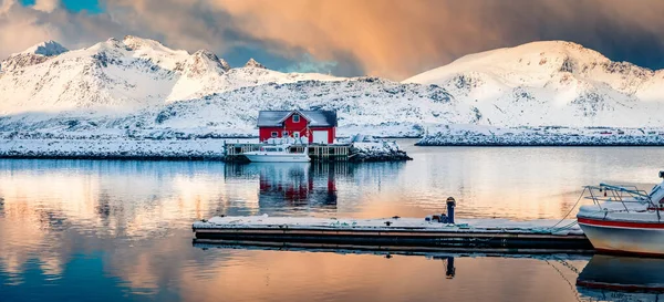 Panorámás Téli Kilátás Kis Halászfalu Ramberg Lofoten Szigetek Norvégia Európa — Stock Fotó