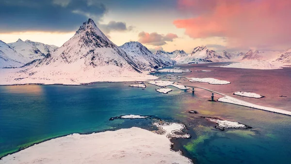 Fabuloso Amanecer Invierno Noruega Europa Vista Desde Dron Volador Del — Foto de Stock