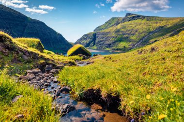 Tipik çim çatılı evleri olan Saksun köyünün muhteşem yaz manzarası. Streymoy Adası, Faroe, Danimarka, Avrupa 'nın güneşli sabah manzarası. Seyahat konsepti arka planı.
