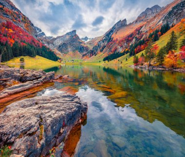 Güzel sonbahar manzarası. İsviçre Alpleri 'nin renkli sabah manzarası. Santis zirvesi gölün saf suyunun sakin yüzeyine yansıyor. İsviçre 'deki Seealpsee Gölü' nün göz kamaştırıcı sonbahar sahnesi.