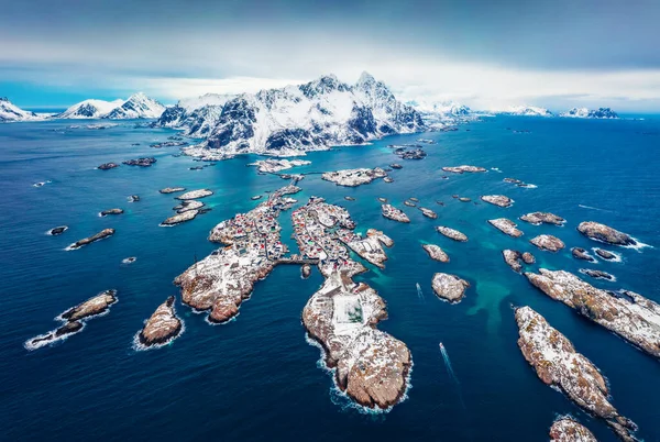 Vista Desde Dron Volador Ciudad Henningsvaer Islas Lofoten Noruega Europa — Foto de Stock