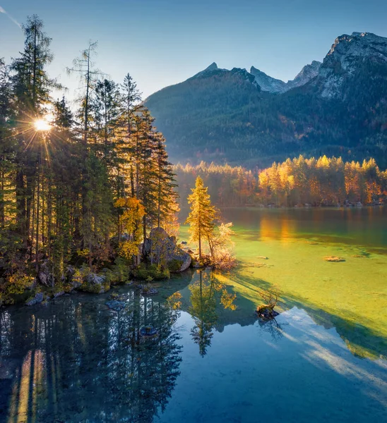 風景写真 バックグラウンド ドイツ ヨーロッパでHochchchangerピークとHintersee湖の見事な秋の景色 バイエルンアルプスの驚くべき朝の景色 美しい秋の風景 — ストック写真
