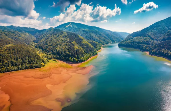 Red Sand Shore Ontereblia Ristke Reservoir View Flying Drone Colorful — Stock Photo, Image