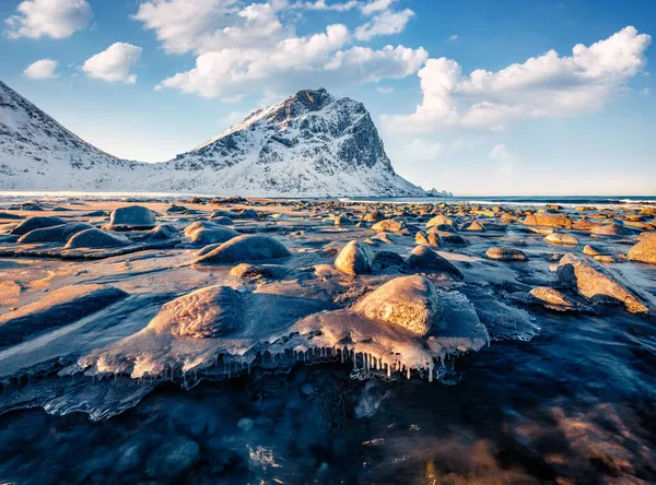 Fryst Bäck Stranden Norskt Hav Kall Morgon Utsikt Över Haukland — Stockfoto