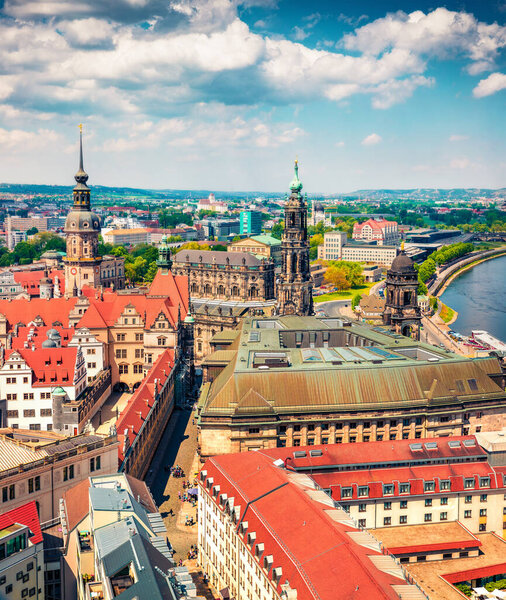 Colorful spring view from Church of Our Lady (Frauenkirche) of the Elbe river and Dresden town. Bright morning scene of Saxony, Germany, Europe. Traveling concept background