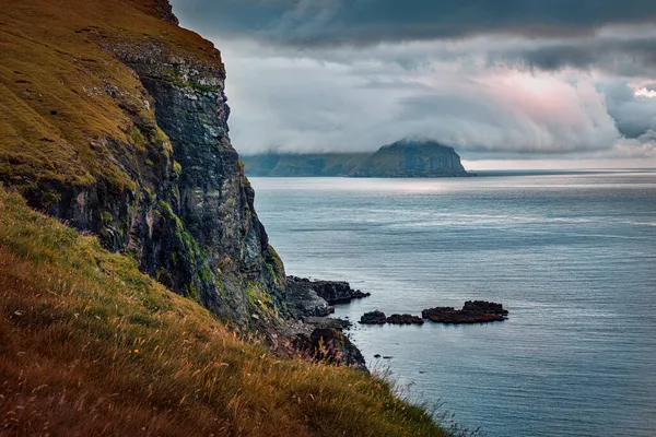 Amazing Cloudscape Faroe Islands Dramatic Autumn View Vagar Island Kingdom — Stock Photo, Image