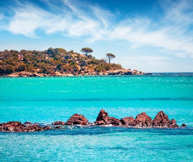 Santa Giulia plajının parlak mavi manzarası. Korsika adasının tropik sabah manzarası, Fransa, Avrupa. Resimli bir Akdeniz manzarası. Doğa konseptinin güzelliği.