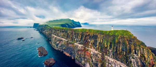 Panoramic View Flying Drone Mykines Island Old Lighthouse Gloomy Summer — Stock Photo, Image