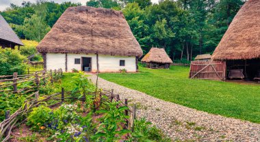 Güzel bir kır manzarası. Geleneksel Romen köylü evlerinin uğultulu yaz manzarası. Transilvanya, Romanya, Avrupa 'nın inanılmaz kırsal manzarası. Seyahat konsepti arka planı
