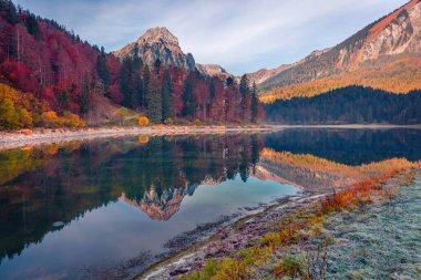 Nafels köyündeki Obersee Gölü 'nün soğuk sonbahar manzarası. İsviçre Alpleri 'nin renkli sabah manzarası, İsviçre, Avrupa' da Glarus kantonu. Doğa konseptinin güzelliği.