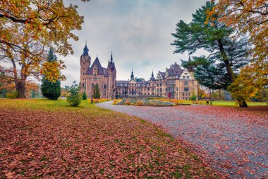MOSZNA, POLAND - 24 Ekim 2017; 1900 'den 1914' e kadar uzanan Moszna Şatosu, Yukarı Silezya 'nın en bilinen anıtlarından biridir..