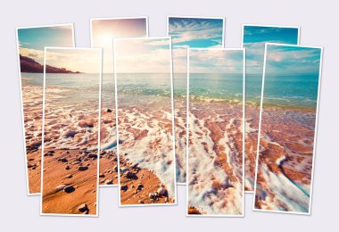 Gök mavisi Akdeniz deniz manzaralı sekiz kare kolajı. Makauda Sahili, Sciacca, Sicilya, İtalya, Avrupa 'nın sakin sabah manzarası. Modüler fotoğrafın maketi