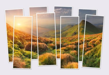 Karpatya dağlarında gün doğumunu gösteren sekiz kare kolajı buldum. Güneşin ilk ışıklarıyla parlayan dağ tepeleri ve tepelerinin muhteşem sabah manzarası. Modüler fotoğrafın maketi