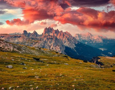 Güzel bir yaz manzarası. Arka planda Cadini di Misurina Range ve Sorapis grubuyla birlikte Tre Cime di Lavaredo Ulusal Parkı 'nda dramatik bir gün doğumu. Dolomiti Alpleri, İtalya 'nın muhteşem sabah manzarası