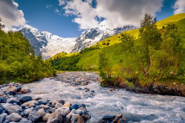 Kafkasya dağlarındaki dağ deresinin harika yaz manzarası. Yukarı Svaneti 'nin resimli sabah manzarası. Gürcistan, Avrupa 'nın renkli açık hava manzarası. Doğa konseptinin güzelliği.