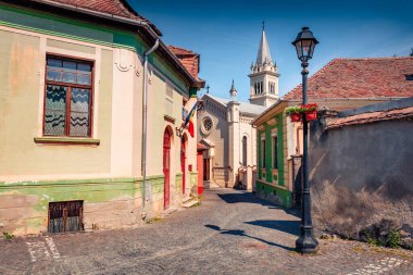 Avrupa 'nın antik şehirlerine zarar vermek. Catedrala Romano-Catolica Sflosif Kilisesi 'nin parlak sabah manzarası. Sighisoara, Transilvanya, Romanya ve Avrupa 'nın renkli yaz şehirleri. 