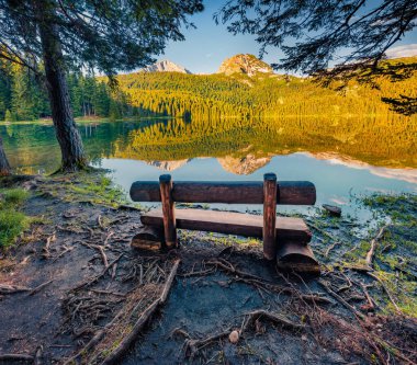 Kara Göl 'ün (Crno Jezero) kıyıda bankı olan çekici sabah manzarası. Durmitor Nacionalni Park, Zabljak 'ın harika yaz manzarası, Karadağ, Avrupa.