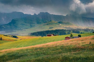 Compaccio köyü, Seiser Alm ya da Alpe di Siusi bölgesi, Bolzano bölgesi, Güney Tyrol, İtalya. Dolomiti Alpleri 'nin muhteşem yaz manzarası. Kırsal konseptin güzelliği.