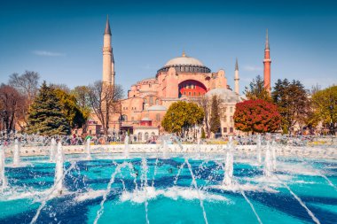 İstanbul, Türkiye, Avrupa 'daki Sultan Ahmet parkının harika bahar manzarası. Ayasofya Müzesi 'nin (Ayasofya Sophia) parlak sabah sahnesi. Seyahat konsepti arka planı