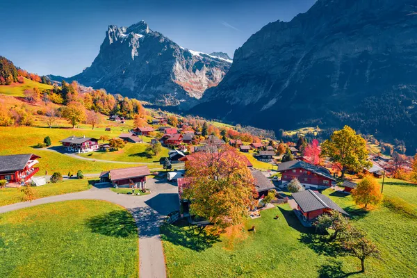 Aerial Landscape Photography Colorful Autumn View Grindelwald Village Valley Cableway — Stock Photo, Image