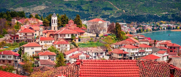 Primăvara Panoramică Orașului Ohrid Scena Dimineață Uimitoare Lacului Ohrid Macedonia — Fotografie, imagine de stoc