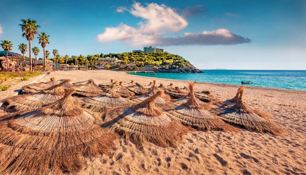 Start of recreation season. Sunny spring view of empty Jale Baech. Stunning morning scene of Albania, Europe. Attractive seascape of Adriatic sea. Traveling concept background.