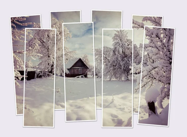 Isolated eight frames collage in retro style of picture of snowy winter scene of mountain village. Fabulous morning view of carpathian mountains. Mock-up of modular photo