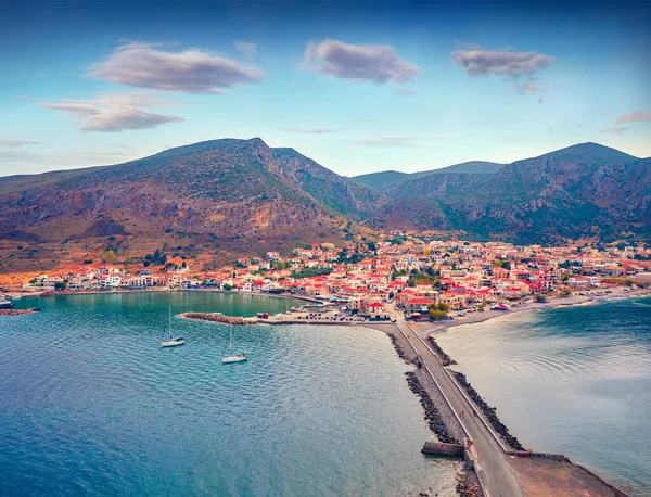 View Flying Drone Gefira Town Picturesque Summer Scene Peloponnese Peninsula — Stock Photo, Image