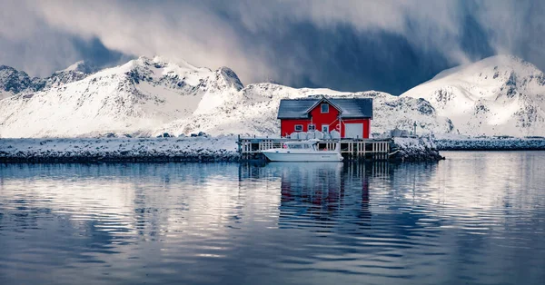 Panorámás Téli Kilátás Kis Halászfalu Ramberg Lofoten Szigetek Norvégia Európa — Stock Fotó