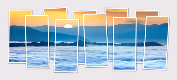 Geïsoleerde Tien Frames Collage Van Foto Van Mistige Zonsopgang Karpaten — Stockfoto