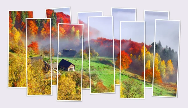 Ізольовані Десять Рамок Колажі Зображення Осінньої Сцени Гірському Селі Лихий — стокове фото