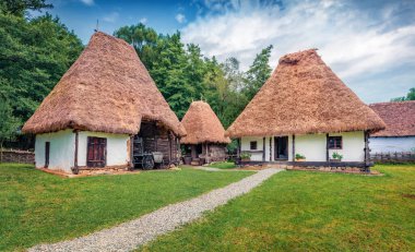Geleneksel Romen köylü evlerinin resimli yaz manzarası. Transilvanya, Romanya, Avrupa 'nın harika kırsal manzarası. Kırsal konseptin güzelliği.