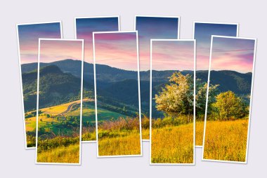 Karpat dağlarında çiçek açan kiraz ağacıyla yaz gündoğumu kolajının sekiz karesini izole ettim. Modüler fotoğrafın maketi