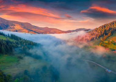 Carpathian dağlarında şaşırtıcı sonbahar gündoğumu. Sis Ukrayna, Avrupa 'daki Snidavka köyüne yayılır. Güneş ışığıyla parlayan dağ tepelerinin muhteşem manzarası.