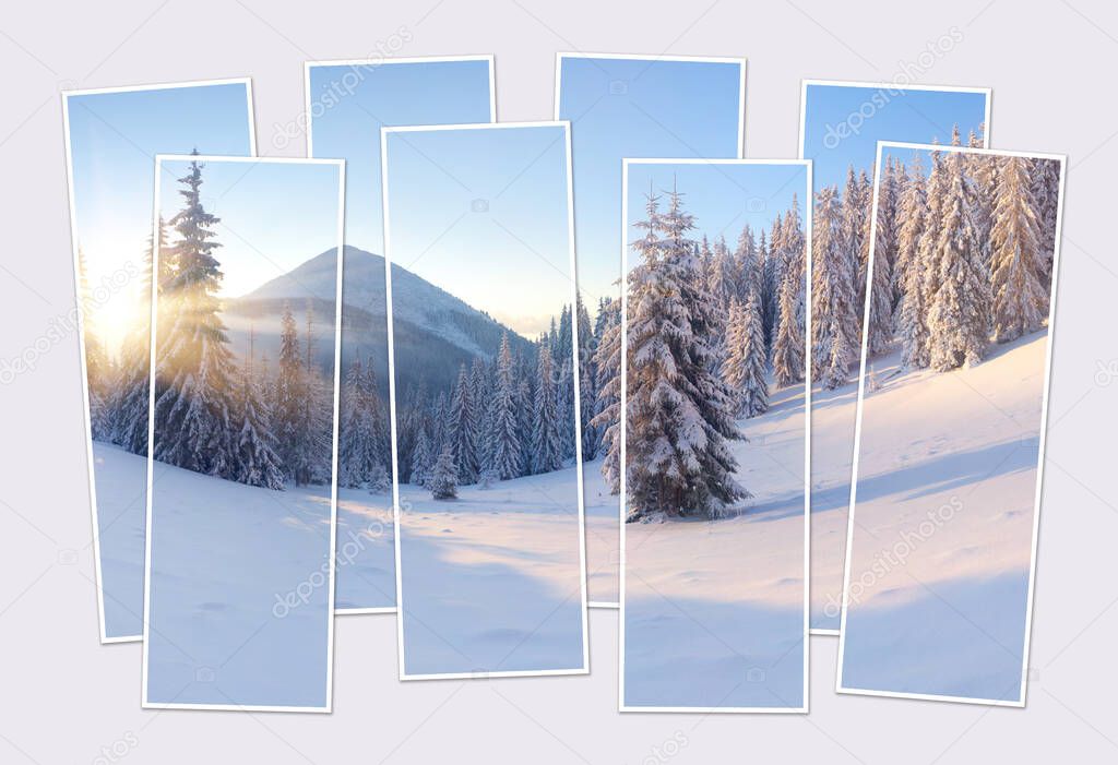 Isolated eight frames collage of picture of frosty mountain valley. Bright snowy landscape of Carpathians. Amazing winter scene outdoor scene of mountain forest. Mock-up of modular photo