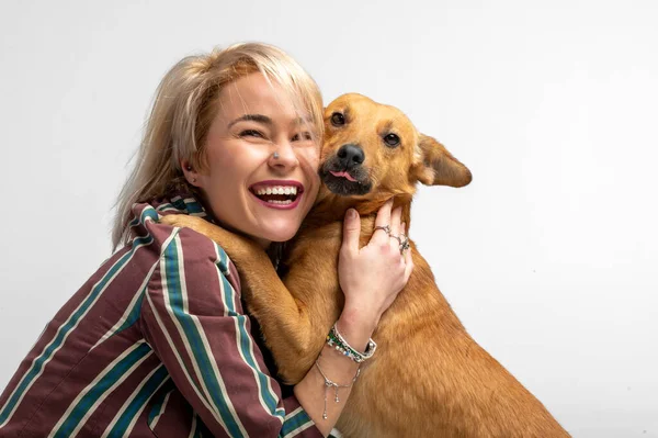 Şirin genç bir kadın melez köpeğini öpüyor ve ona sarılıyor. Sahibi ve köpeği arasındaki aşk. Beyaz arka planda izole edilmiş. Stüdyo portresi. Kız, ailenin yeni ve sevimli üyesini kucaklıyor. Hayvan bakımı ve hayvan bakımı kavramı