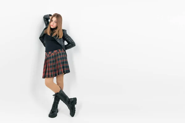 Teenager Girl Skirt Posing Studio White Background Full Length Portrait — стоковое фото