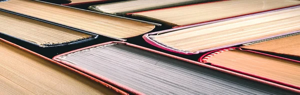 Banner Stacked Books Stack Books Background Many Books Piles Close — Foto de Stock