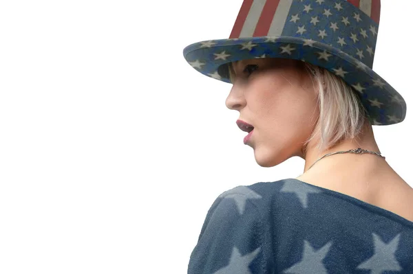 Frau Mit Hut Mit Amerikanischen Symbolen Schöne Schönheit Frau Feiert — Stockfoto