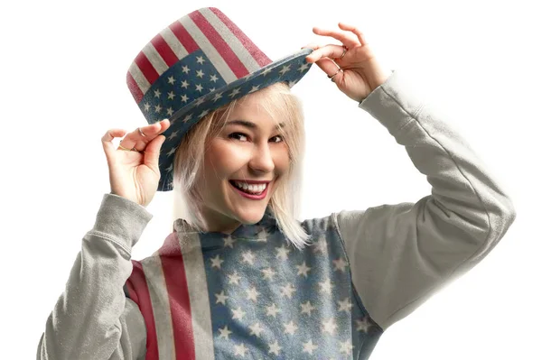 Amerikan Sembollü Şapka Takan Bir Kadın Güzel Bir Kadın Geleneksel — Stok fotoğraf