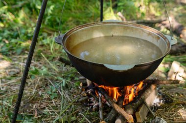 Yangında kazan var. Yaz günü vahşi bir kamp alanında kamp ateşinde yemek pişirmek. Dinlenme kavramı