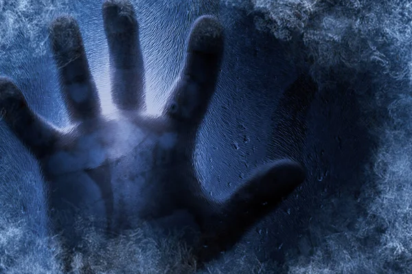 Human Hand Frozen Glass Blue Background Toned Image Energy Crisis — Φωτογραφία Αρχείου