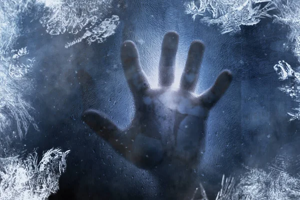 Human Hand Frozen Glass Blue Background Toned Image Energy Crisis — Foto Stock