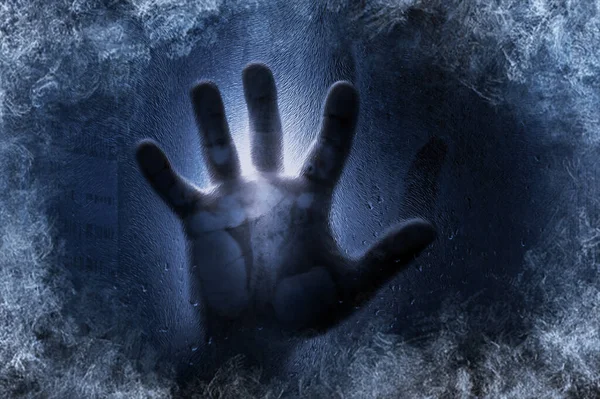 Human Hand Frozen Glass Blue Background Toned Image Energy Crisis — Φωτογραφία Αρχείου