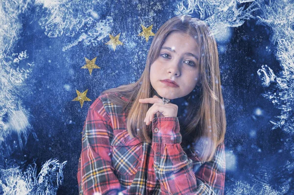 Teenage Girl Frozen Background Flag European Union Concept Crisis Europe — Stock Photo, Image