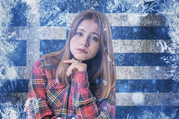 Teenage Girl Frozen Background Flag Greece Concept Crisis Europe Winter — Stock Photo, Image