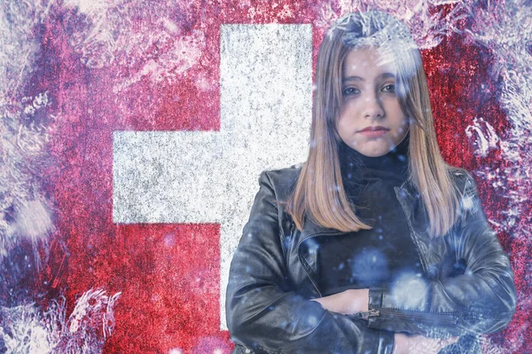 Teenage Girl Frozen Background Flag Switzerland Concept Crisis Europe Winter — Stock Photo, Image