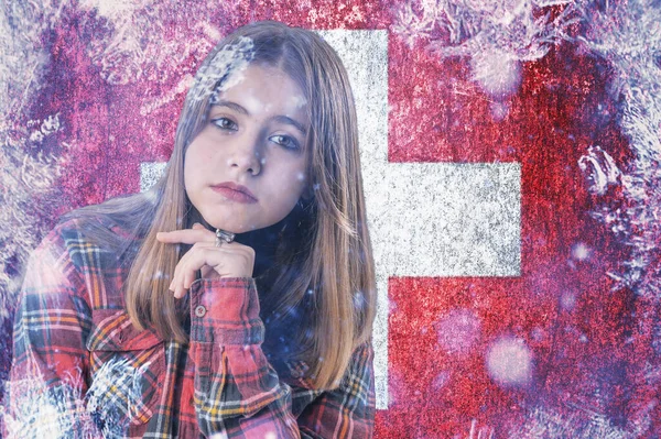 Teenage Girl Frozen Background Flag Switzerland Concept Crisis Europe Winter — Stock Photo, Image